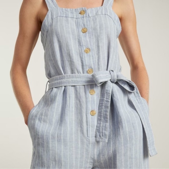 Everlane Linen Square Neck Blue Pinstripe Button Down Tie Front Jumpsuit 2 NWOT - Picture 2 of 14
